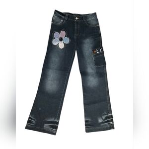 Y2K Ele Saison Embroidered Flower Cargo Jeans • Size 9 • Kawaii Harajuku Denim